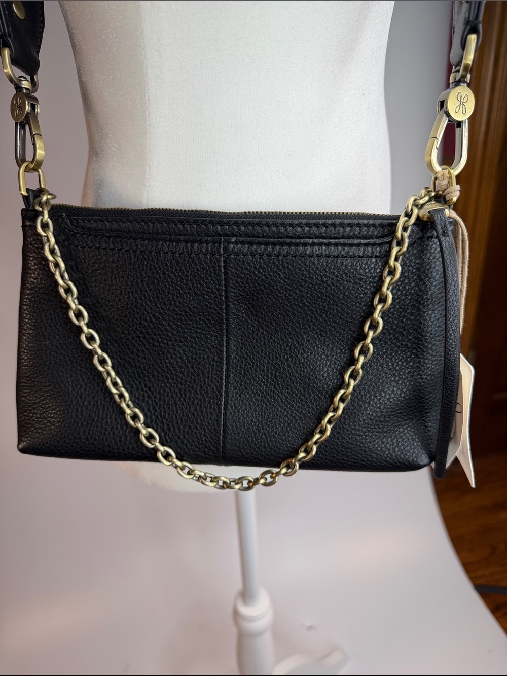 Hobo Darcy Black Leather Shoulder Bag with Gold Chain and studded wide strap NWT